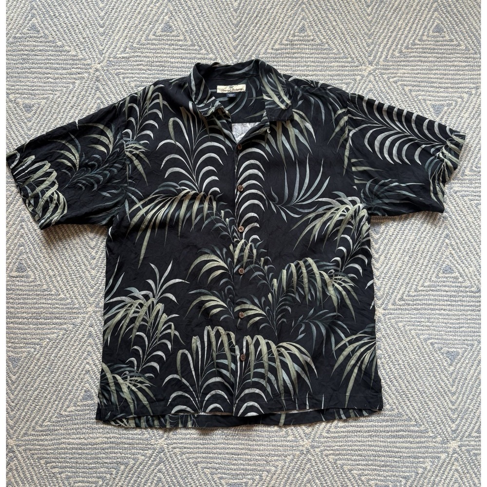 Tommy Bahama 100% Silk Short Sleeve Button Shirt - Black/Green Leaves - Large